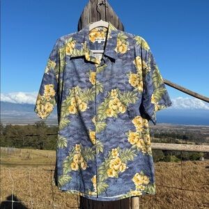 Vintage 90s Pierre Cardin aloha button-down, short sleeve shirt blue yellow L